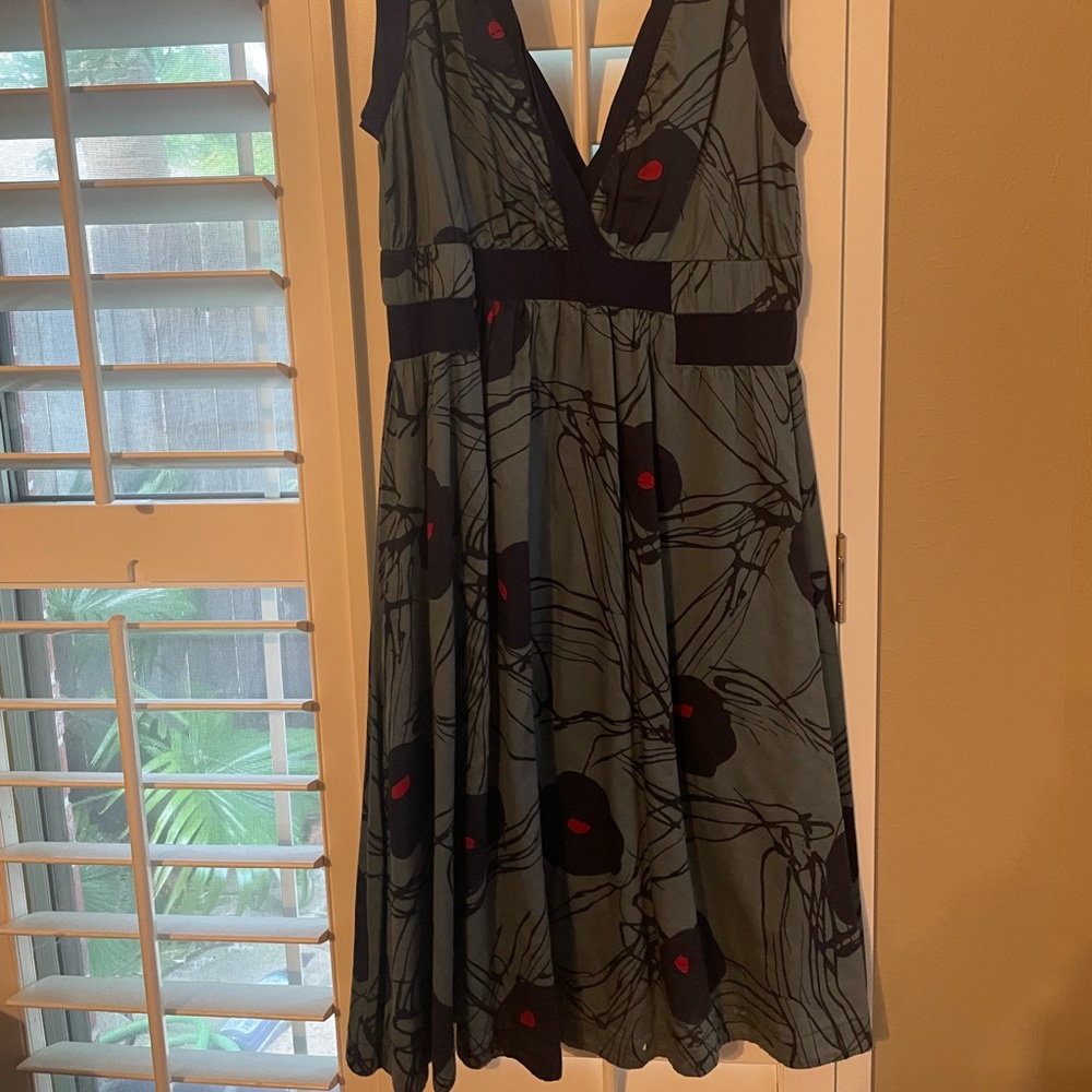 Marc Jacobs Green and Navy Sleeveless V-Neck A-Line Midi Dress